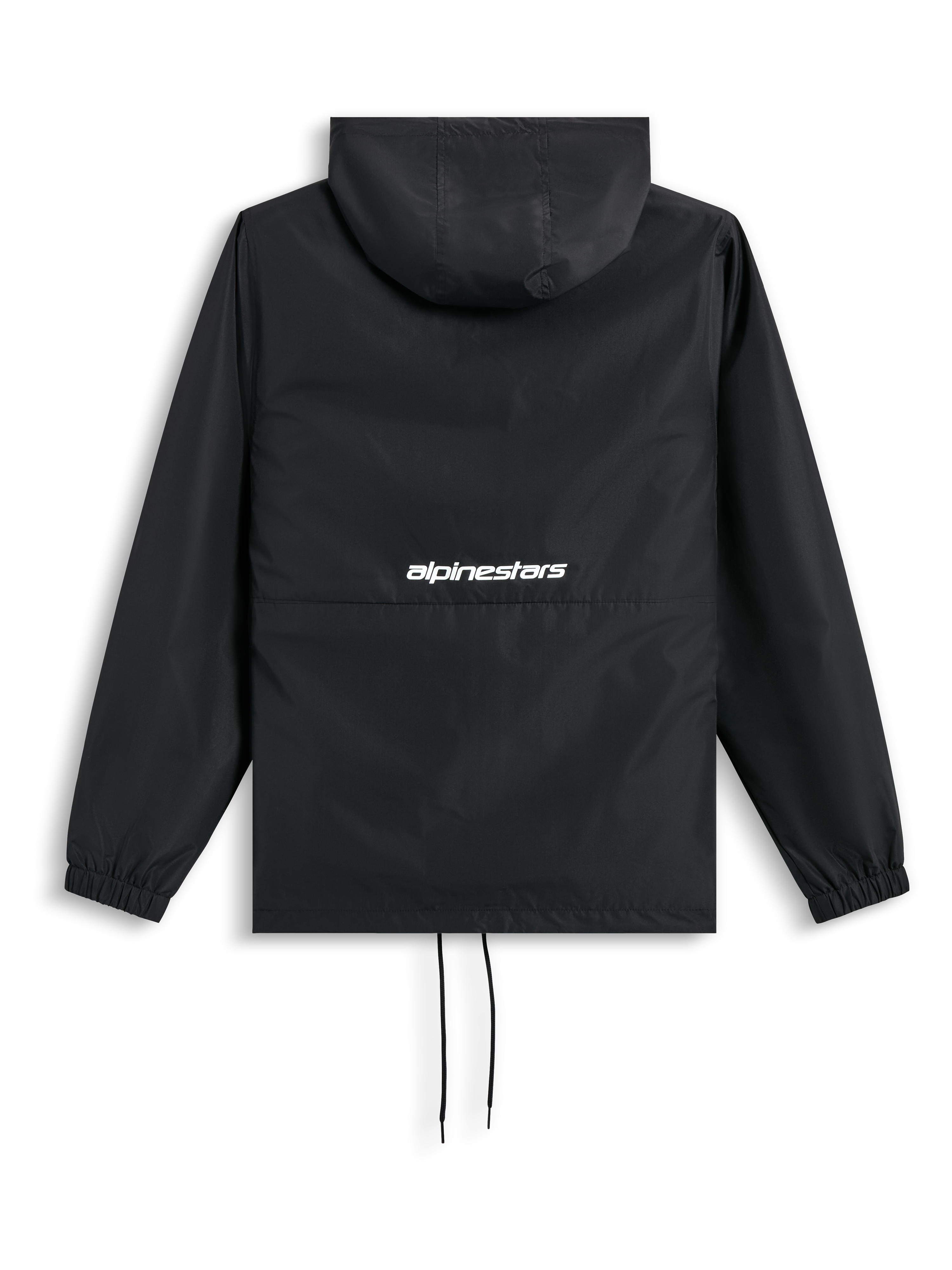 Alpinestars Speeder Chromium Windbreaker Jakke, sort vindjakke set bagfra med hætte, elastiske manchetter, snøregang og hvidt ordlogo på ryggen