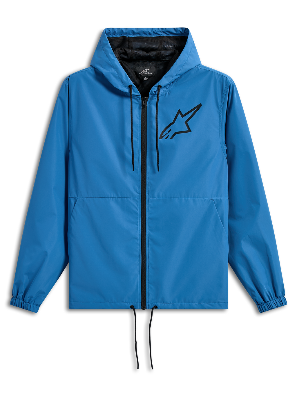 Alpinestars Speeder Chromium vindjakke, let vindjakke med hætte, blå med sorte detaljer, sort Astars-logo på brystet, mesh-foring, lynlås fortil og justerbare snøretræk i hætten og forneden