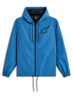 Alpinestars Speeder Chromium vindjakke, let vindjakke med hætte, blå med sorte detaljer, sort Astars-logo på brystet, mesh-foring, lynlås fortil og justerbare snøretræk i hætten og forneden
