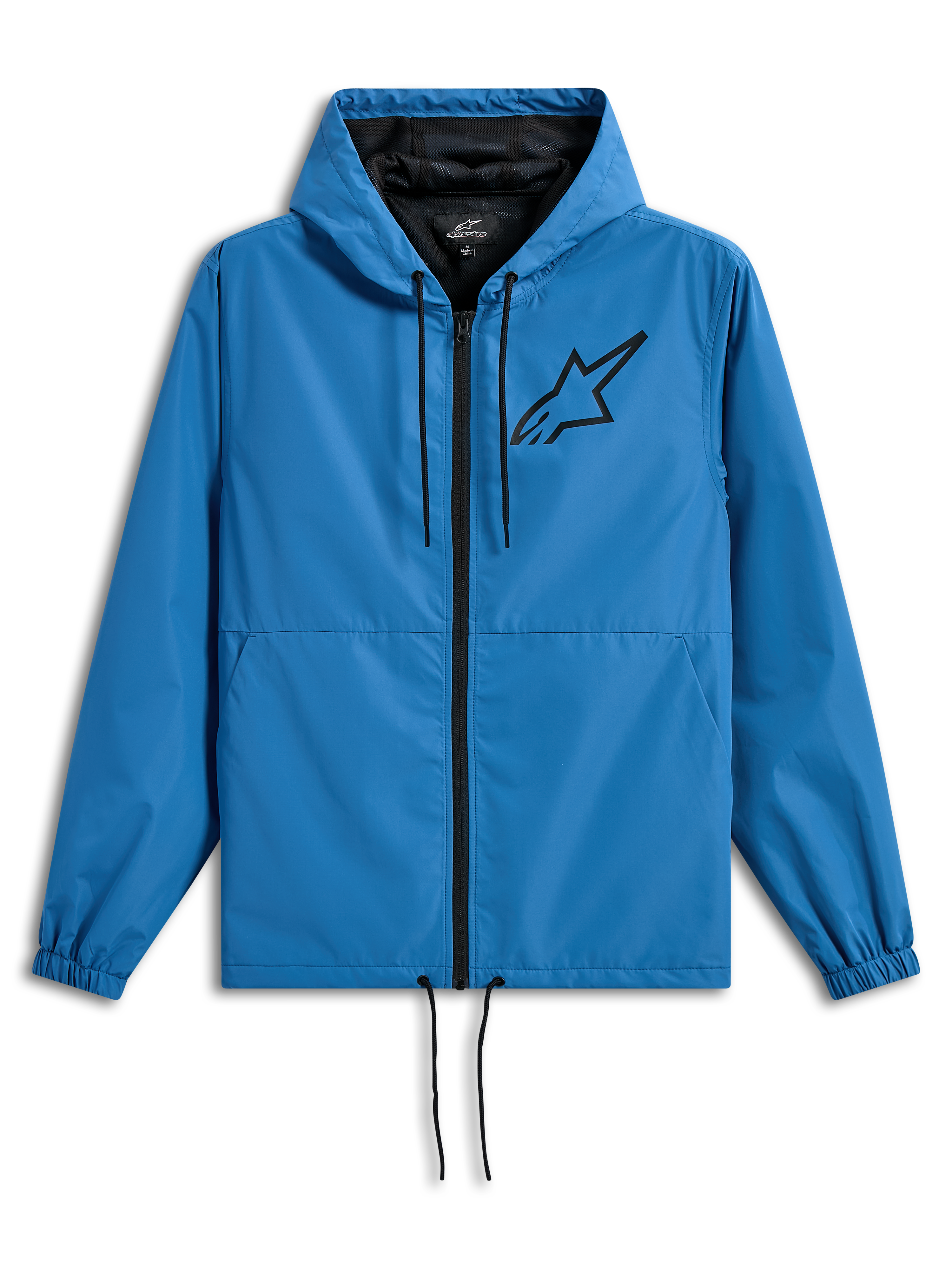 Alpinestars Speeder Chromium vindjakke, let vindjakke med hætte, blå med sorte detaljer, sort Astars-logo på brystet, mesh-foring, lynlås fortil og justerbare snøretræk i hætten og forneden