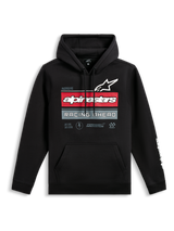 Alpinestars Harken hættetrøje, sort pullover-hættetrøje, frontgrafik med Alpinestars-logo og 'Racing Ahead'-tekst, røde og grå vandrette striber, kængurulomme, hvidt ordmærke-logo på ærmet, afslappet motorsport-inspireret streetwear