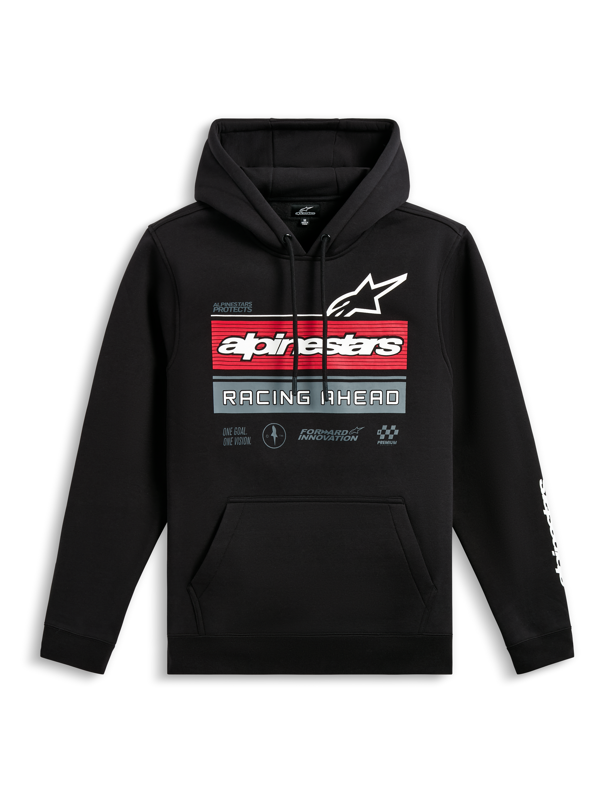 Alpinestars Harken hættetrøje, sort pullover-hættetrøje, frontgrafik med Alpinestars-logo og 'Racing Ahead'-tekst, røde og grå vandrette striber, kængurulomme, hvidt ordmærke-logo på ærmet, afslappet motorsport-inspireret streetwear