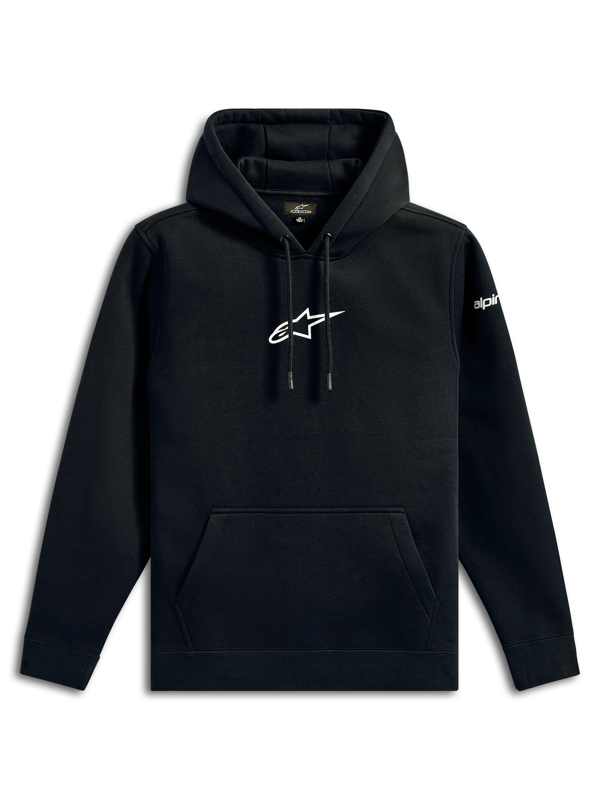 Alpinestars Frontal hættetrøje, casual streetwear, sort med hvidt Alpinestars stjernelogo på brystet, kængurulomme, hætte med snoretræk, lange ærmer, motorsport-inspireret design
