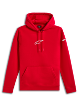 Alpinestars Frontal hættetrøje, pullover fleece-hættetrøje, rød, hvidt Alpinestars Astar-logo på brystet og ordmærke på ærmet, kængurulomme foran, afslappet motorsport-inspireret streetwear