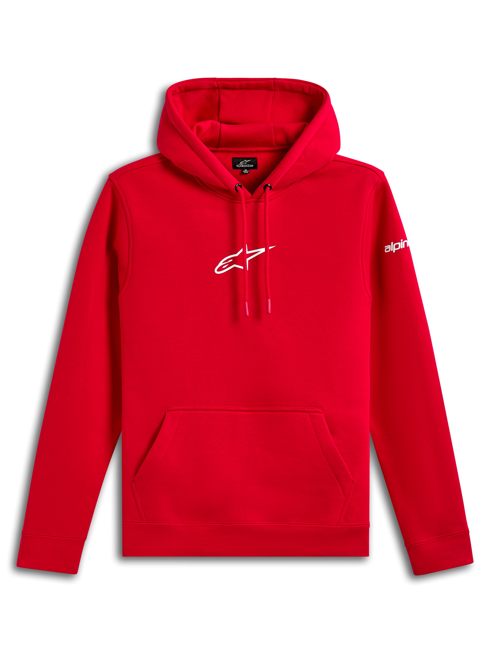 Alpinestars Frontal hættetrøje, pullover fleece-hættetrøje, rød, hvidt Alpinestars Astar-logo på brystet og ordmærke på ærmet, kængurulomme foran, afslappet motorsport-inspireret streetwear