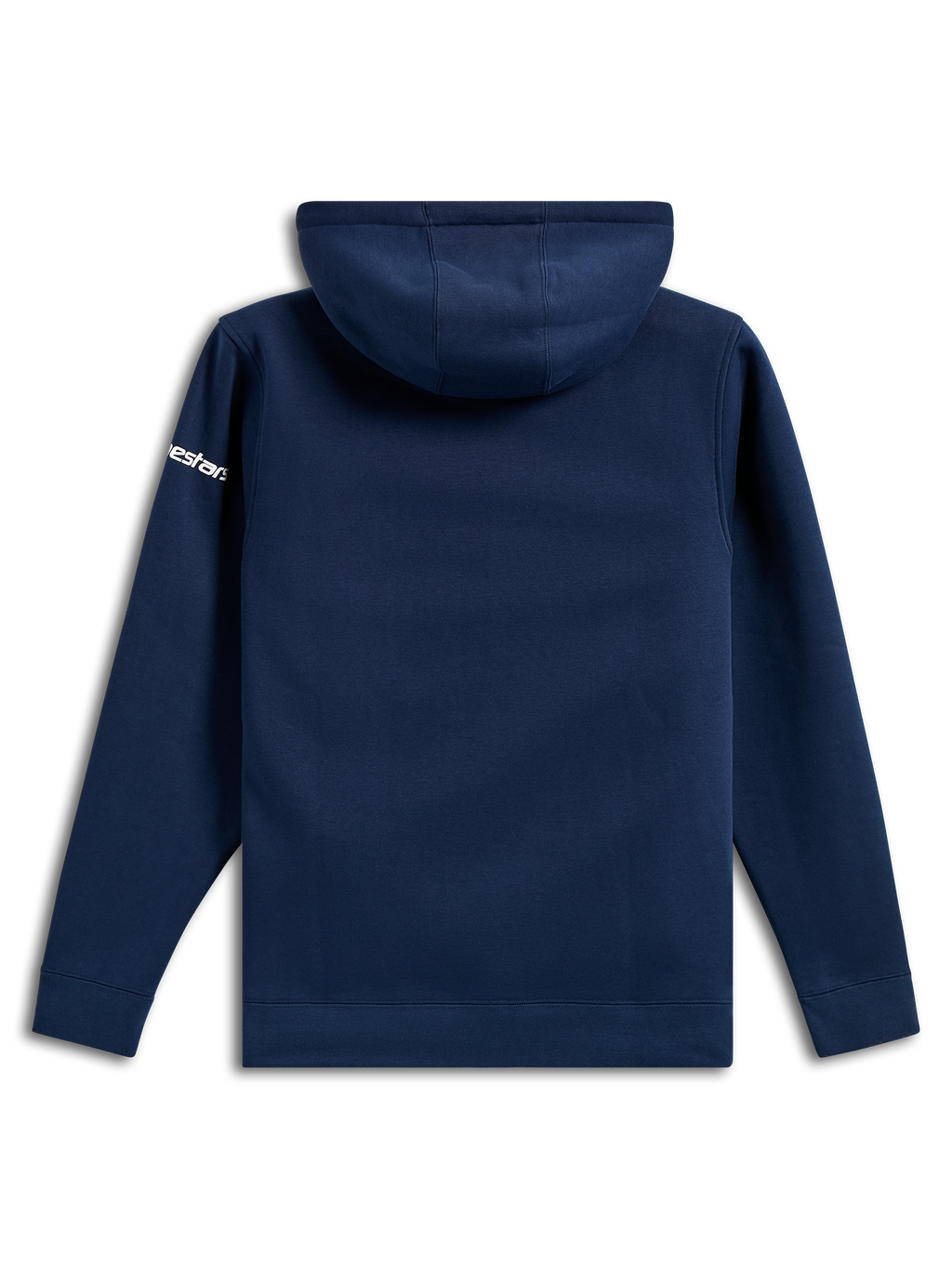 Alpinestars Frontal Hoodie, afslappet navyblå fleece-pullover, set bagfra, hvidt Alpinestars-ordlogo på ærmet, ribkanter og -søm, motorsport-inspireret streetwear