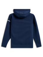 Alpinestars Frontal Hoodie, afslappet navyblå fleece-pullover, set bagfra, hvidt Alpinestars-ordlogo på ærmet, ribkanter og -søm, motorsport-inspireret streetwear