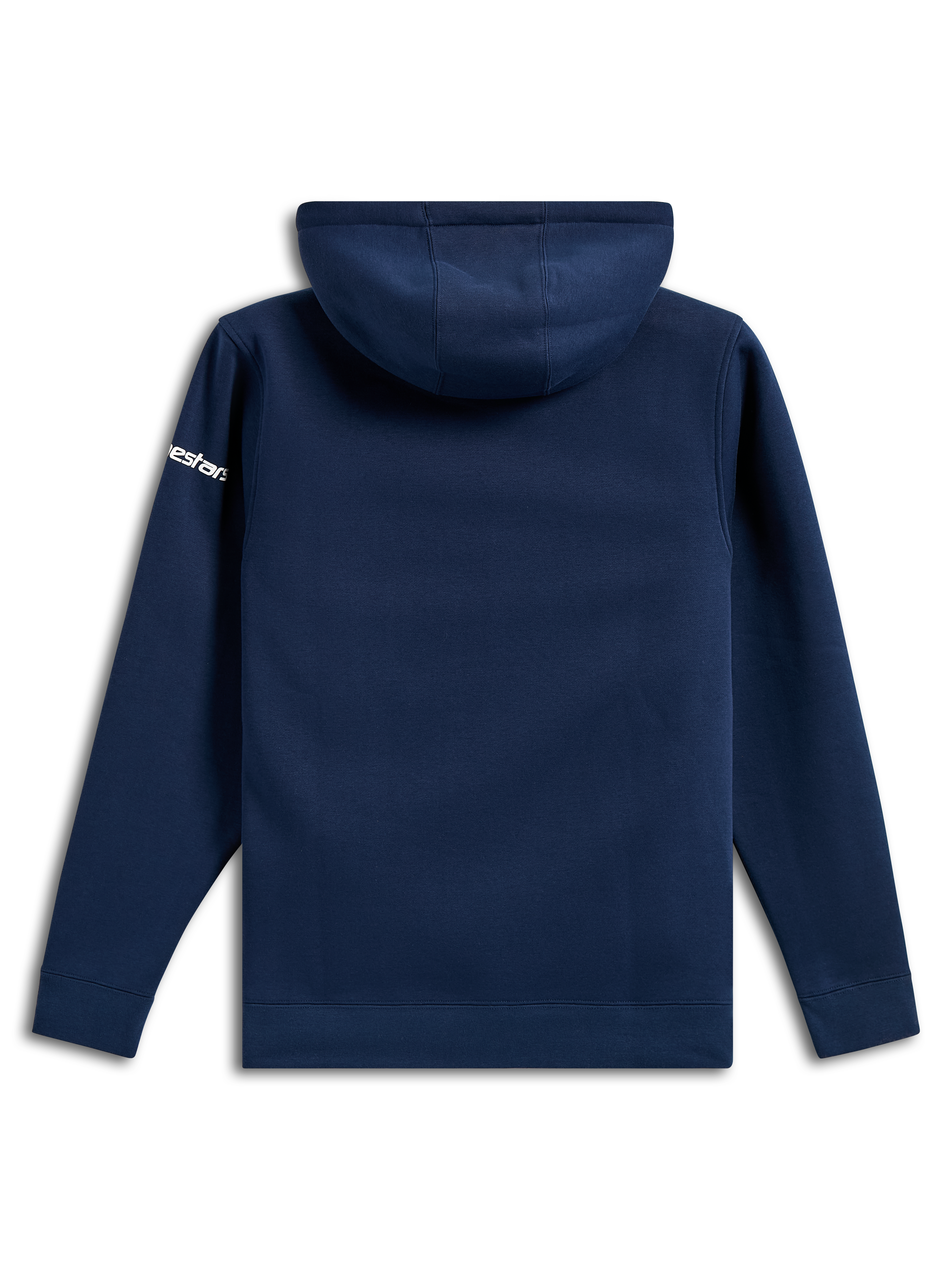 Alpinestars Frontal Hoodie, afslappet navyblå fleece-pullover, set bagfra, hvidt Alpinestars-ordlogo på ærmet, ribkanter og -søm, motorsport-inspireret streetwear