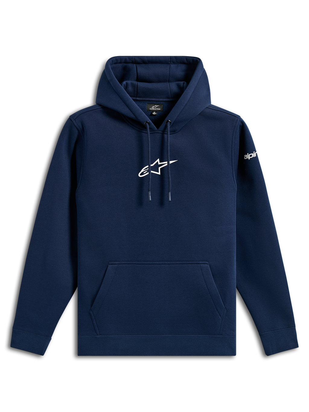 Alpinestars Frontal Hoodie, casual streetwear, marineblå med hvidt Astars-logo på brystet og ordlogo på ærmet, hætte med snøre, kængurulomme, moderne motorsport-inspireret design