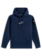 Alpinestars Frontal Hoodie, casual streetwear, marineblå med hvidt Astars-logo på brystet og ordlogo på ærmet, hætte med snøre, kængurulomme, moderne motorsport-inspireret design