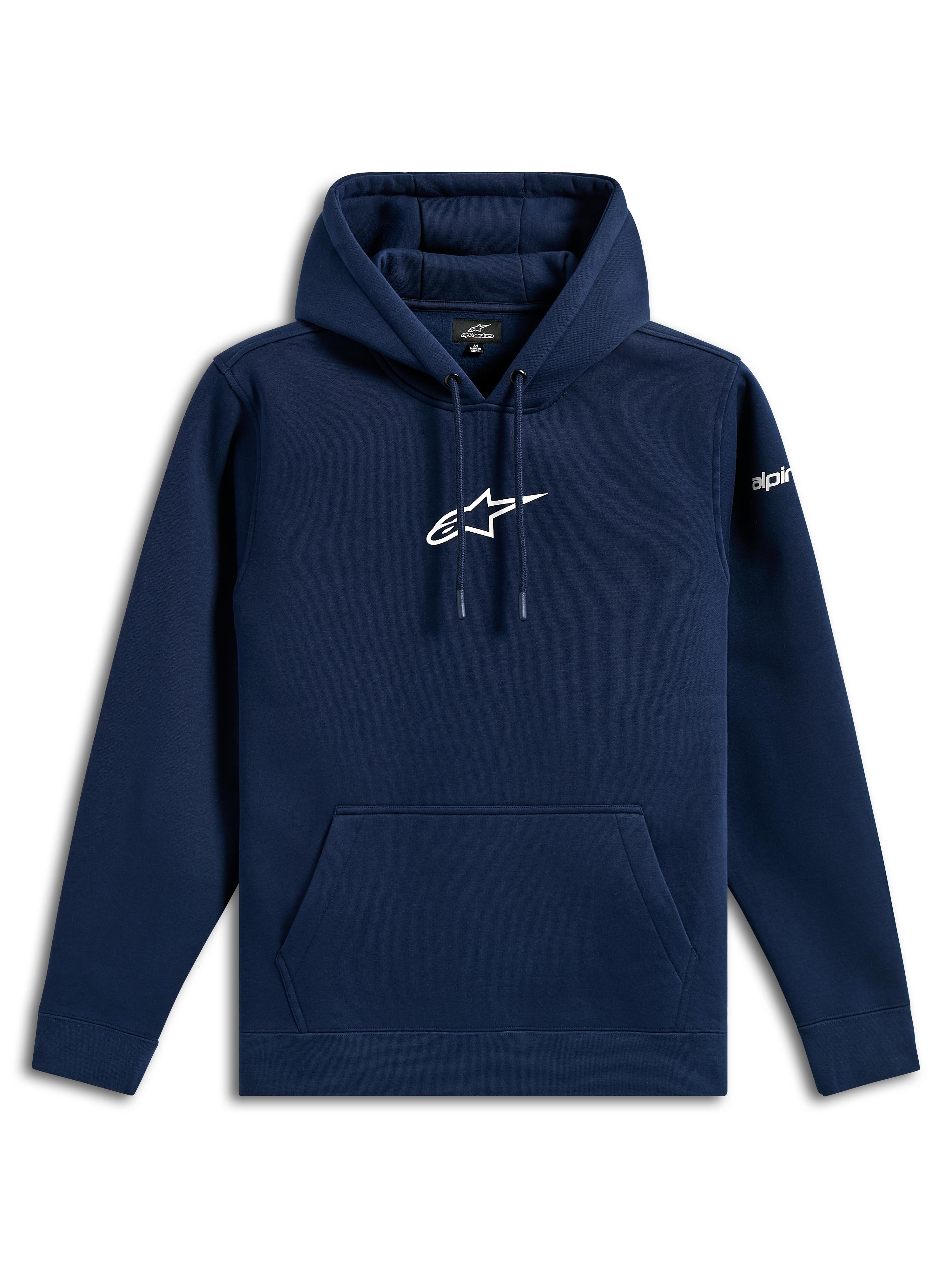 Alpinestars Frontal Hoodie, casual streetwear, marineblå med hvidt Astars-logo på brystet og ordlogo på ærmet, hætte med snøre, kængurulomme, moderne motorsport-inspireret design