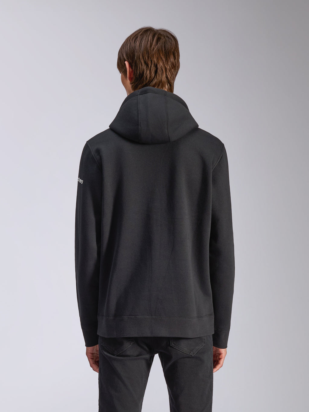 Alpinestars Frontal Hoodie, Black, back view of a casual pullover sweatshirt, featuring a self-lined hood, ribbed hem, and white wordmark logo on the sleeve, motorsport-inspired streetwear.