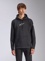 Alpinestars Frontal hættetrøje, sort pullover fleece-hættetrøje, hvidt Alpinestars-logo på brystet, hvidt tekstlogo på ærmet, kængurulomme, afslappet motorsport-streetwear