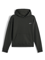 Alpinestars Essentials Ageless Hættetrøje, casual streetwear, Off Black med lille hvidt Astars-logo, pullover med hætte og kængurulomme foran, premium stenvasket fleece-finish
