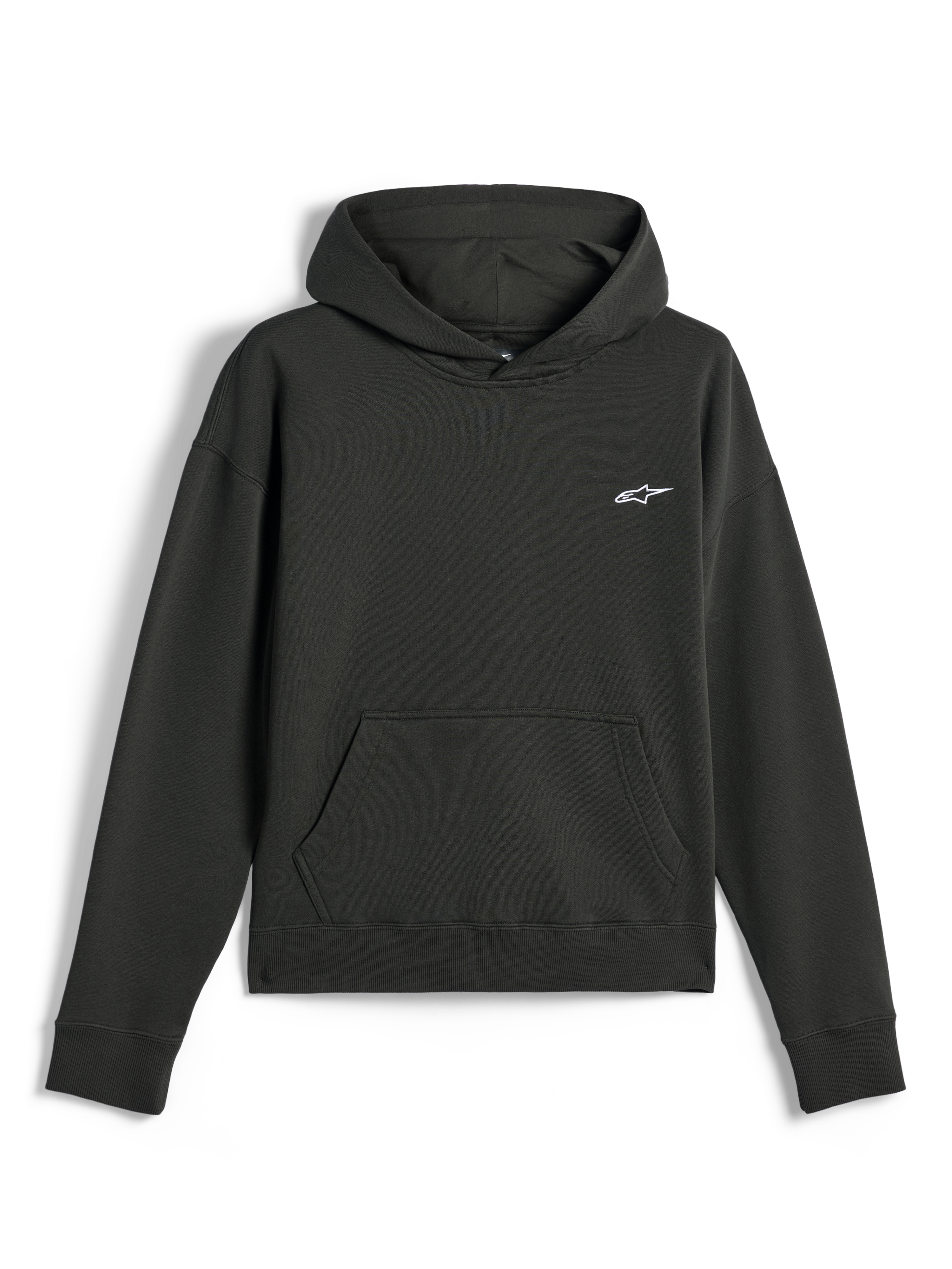 Alpinestars Essentials Ageless Hættetrøje, casual streetwear, Off Black med lille hvidt Astars-logo, pullover med hætte og kængurulomme foran, premium stenvasket fleece-finish