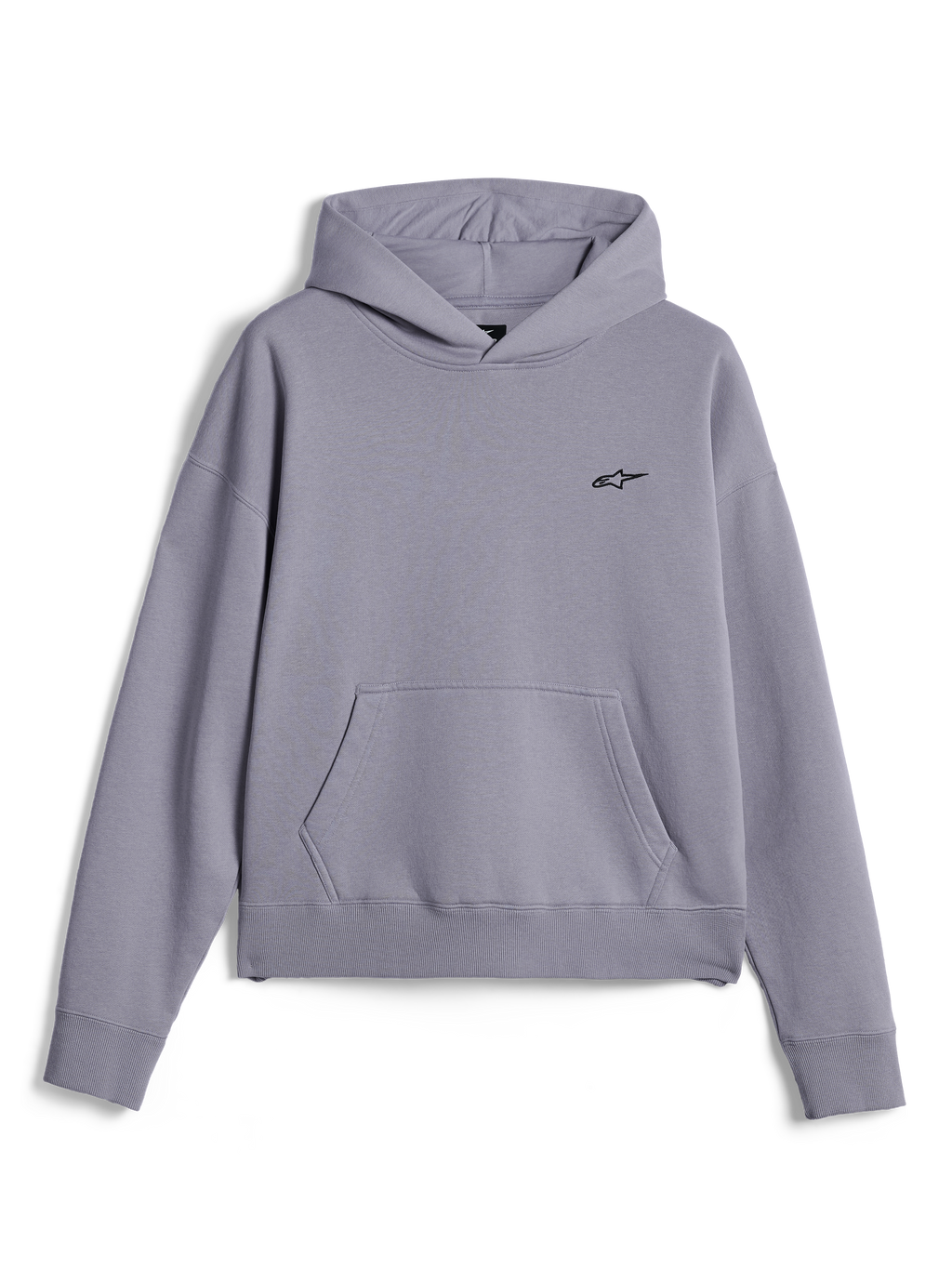 Alpinestars Essentials Ageless Hoodie, afslappet streetwear, sølvfarvet stenvasket fleece, lille sort Astars-logo på brystet, kængurulomme foran, pullover-design med hætte