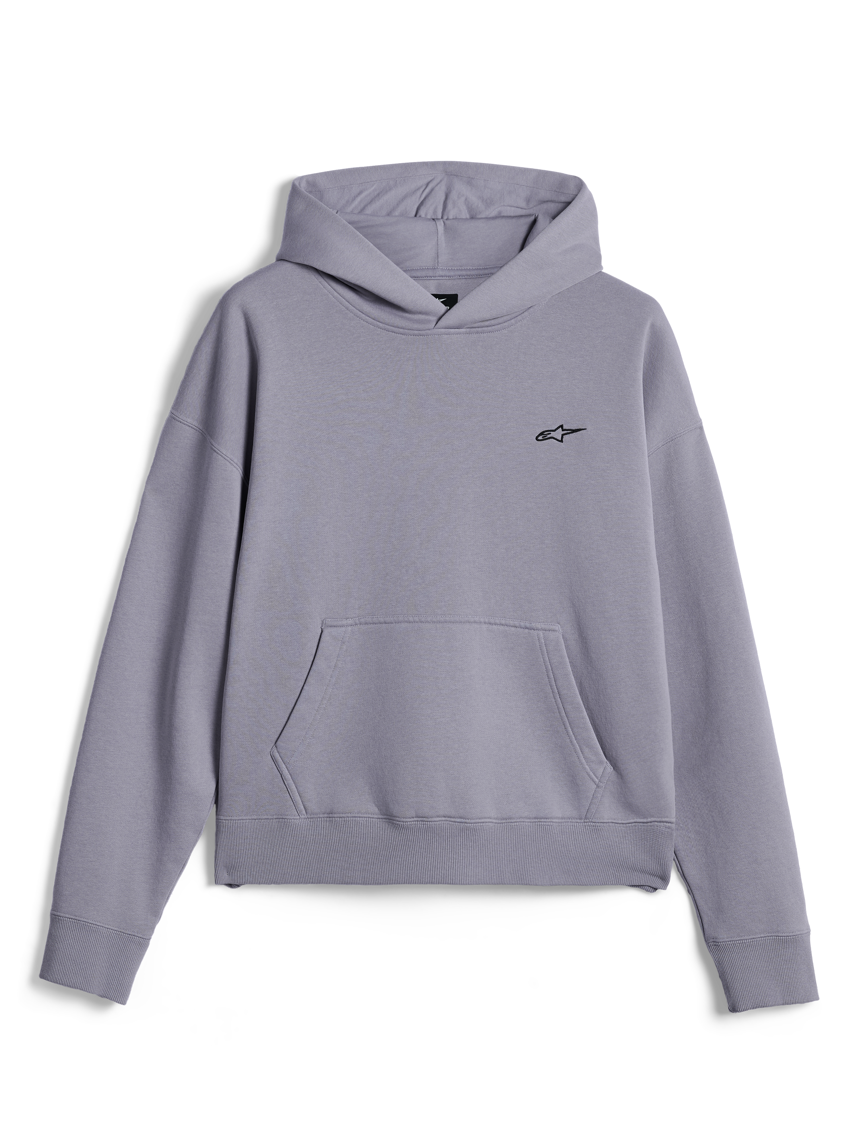 Alpinestars Essentials Ageless Hoodie, afslappet streetwear, sølvfarvet stenvasket fleece, lille sort Astars-logo på brystet, kængurulomme foran, pullover-design med hætte