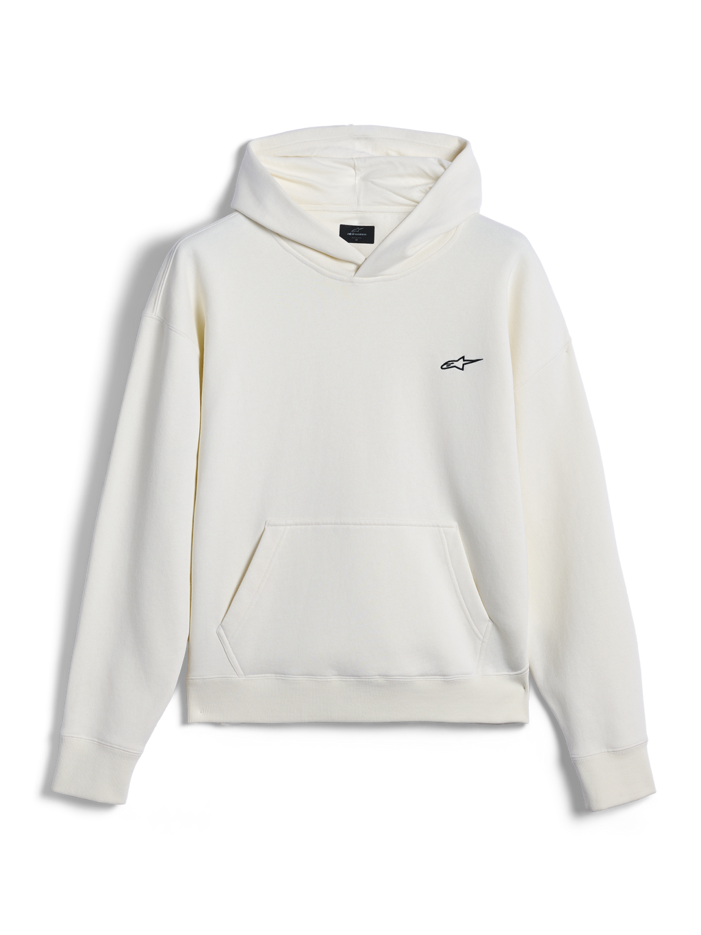 Alpinestars Essentials Ageless hættetrøje, casual streetwear, råhvid med lille sort Astar-logo på brystet, kængurulomme, lange ærmer, minimalistisk motorsport-inspireret design