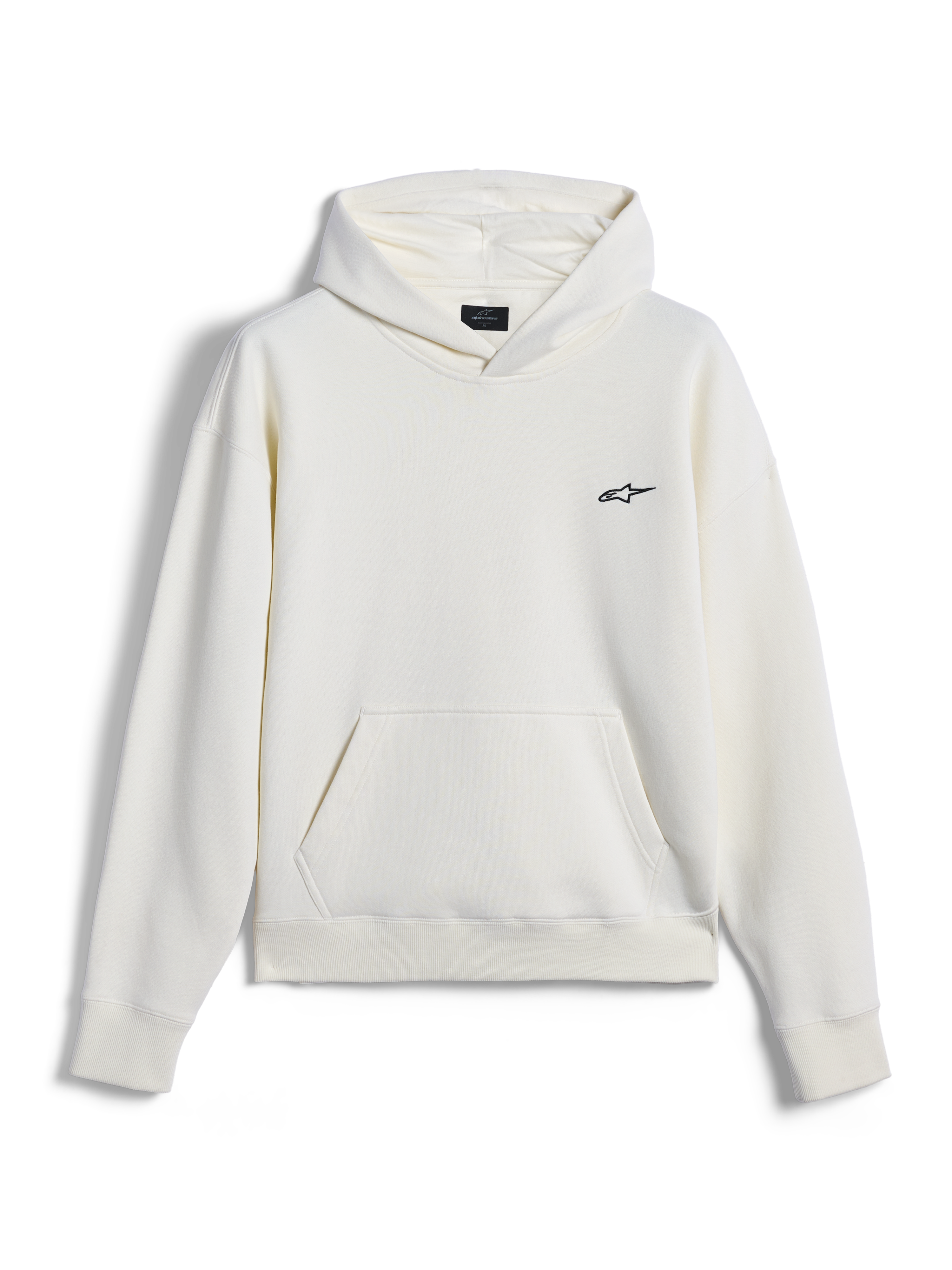 Alpinestars Essentials Ageless hættetrøje, casual streetwear, råhvid med lille sort Astar-logo på brystet, kængurulomme, lange ærmer, minimalistisk motorsport-inspireret design