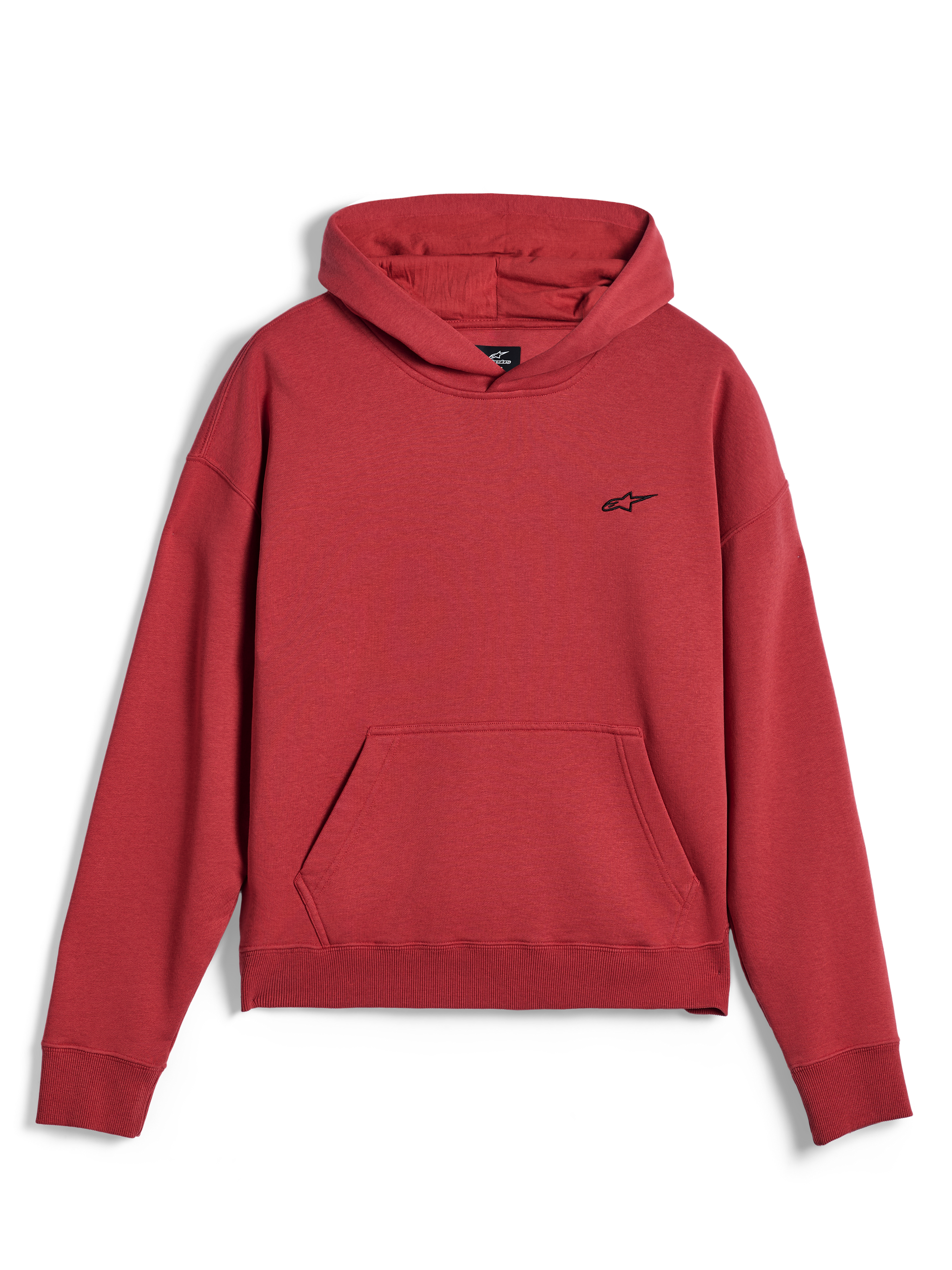 Alpinestars Essentials Ageless hættetrøje, afslappet sportstøj, teglrød, med et lille sort Alpinestars-stjernelogo på brystet, kængurulomme og ribkant ved søm og manchetter, minimalistisk streetwear-design