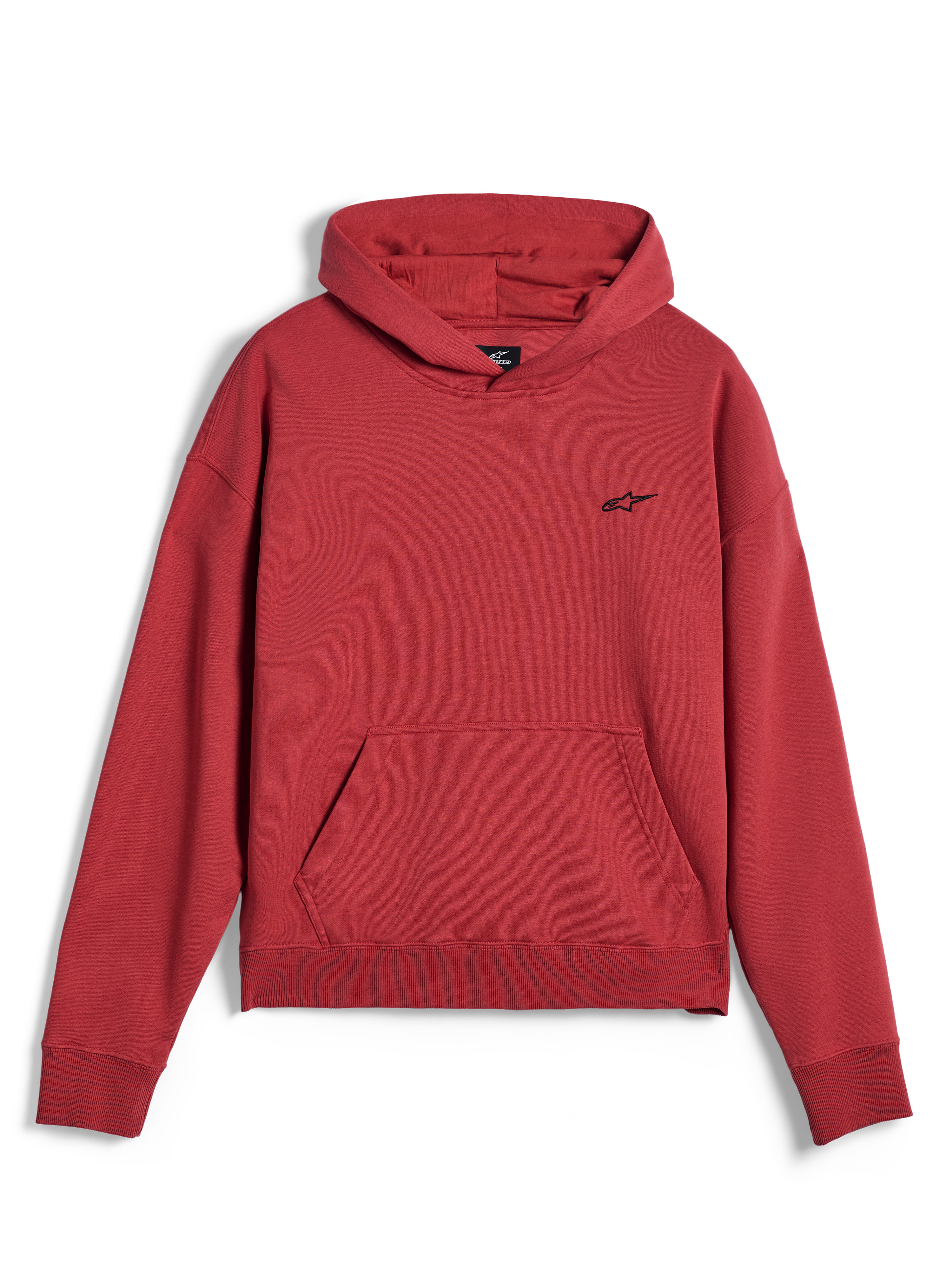 Alpinestars Essentials Ageless hættetrøje, afslappet sportstøj, teglrød, med et lille sort Alpinestars-stjernelogo på brystet, kængurulomme og ribkant ved søm og manchetter, minimalistisk streetwear-design