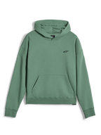 Alpinestars Essentials Ageless hættetrøje, afslappet streetwear-pullover, kaktusgrøn med stenvasket finish, lille sort Alpinestars-logo på brystet, kængurulomme foran, ribbede manchetter og kant, førsteklasses fleecemateriale