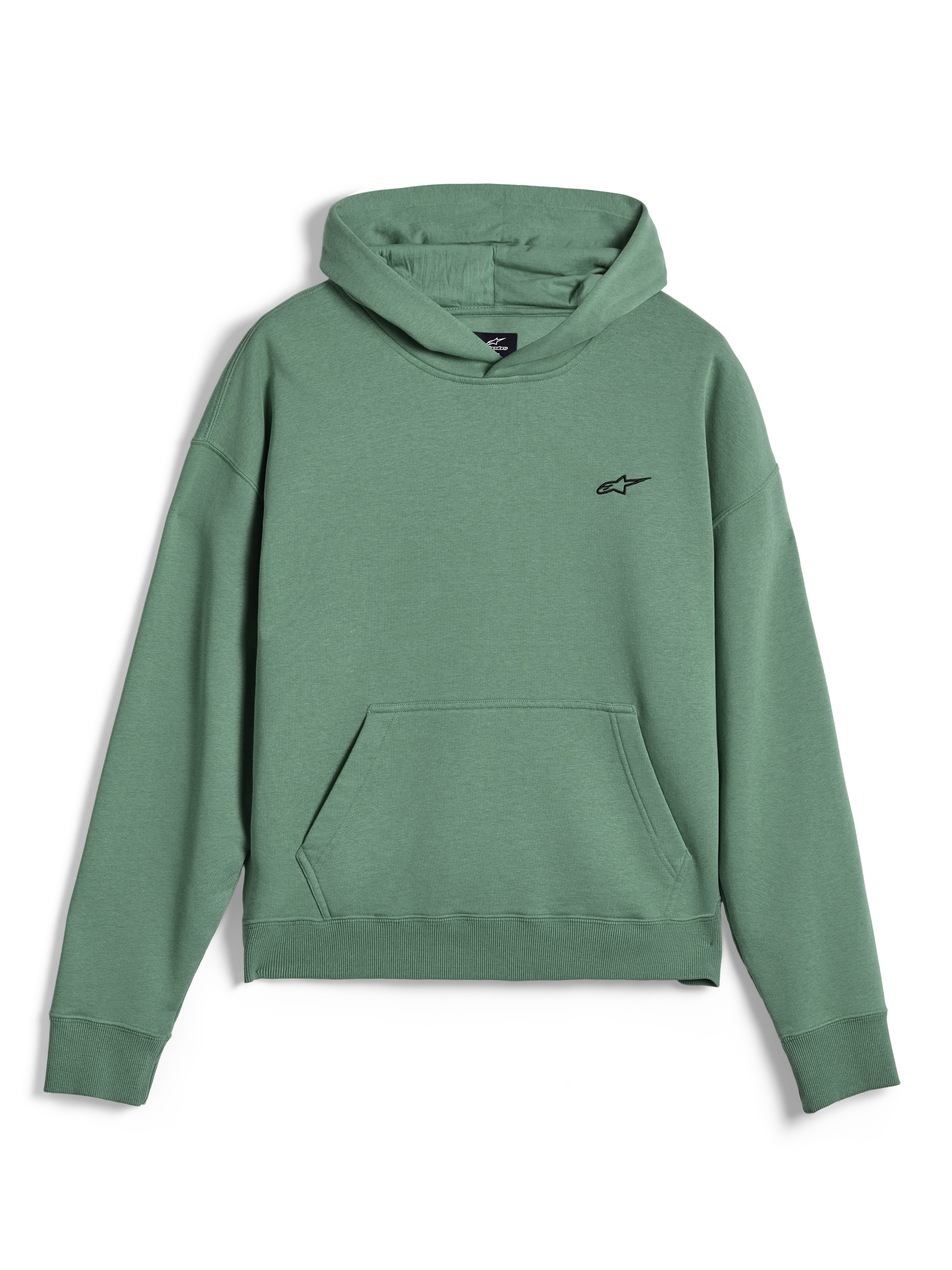 Alpinestars Essentials Ageless hættetrøje, afslappet streetwear-pullover, kaktusgrøn med stenvasket finish, lille sort Alpinestars-logo på brystet, kængurulomme foran, ribbede manchetter og kant, førsteklasses fleecemateriale