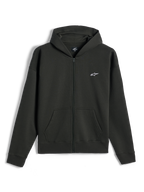 Alpinestars Essentials Ageless Zip Hoodie, hættetrøje med gennemgående lynlås i fleece, Off Black, lille hvidt Alpinestars-logo på venstre bryst, afslappet motorsport-streetwear, med forlommer og ribstrikkede manchetter