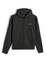 Alpinestars Essentials Ageless Zip Hoodie, hættetrøje med gennemgående lynlås i fleece, Off Black, lille hvidt Alpinestars-logo på venstre bryst, afslappet motorsport-streetwear, med forlommer og ribstrikkede manchetter