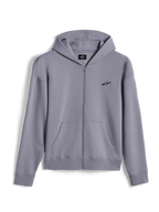Alpinestars Essentials Ageless Zip Hoodie, afslappet streetwear, sølvfarvet, lille sort Alpinestars-logo på brystet, fuld lynlås foran med kængurulommer, ribbede manchetter og kant, minimalistisk motorsport-inspireret design