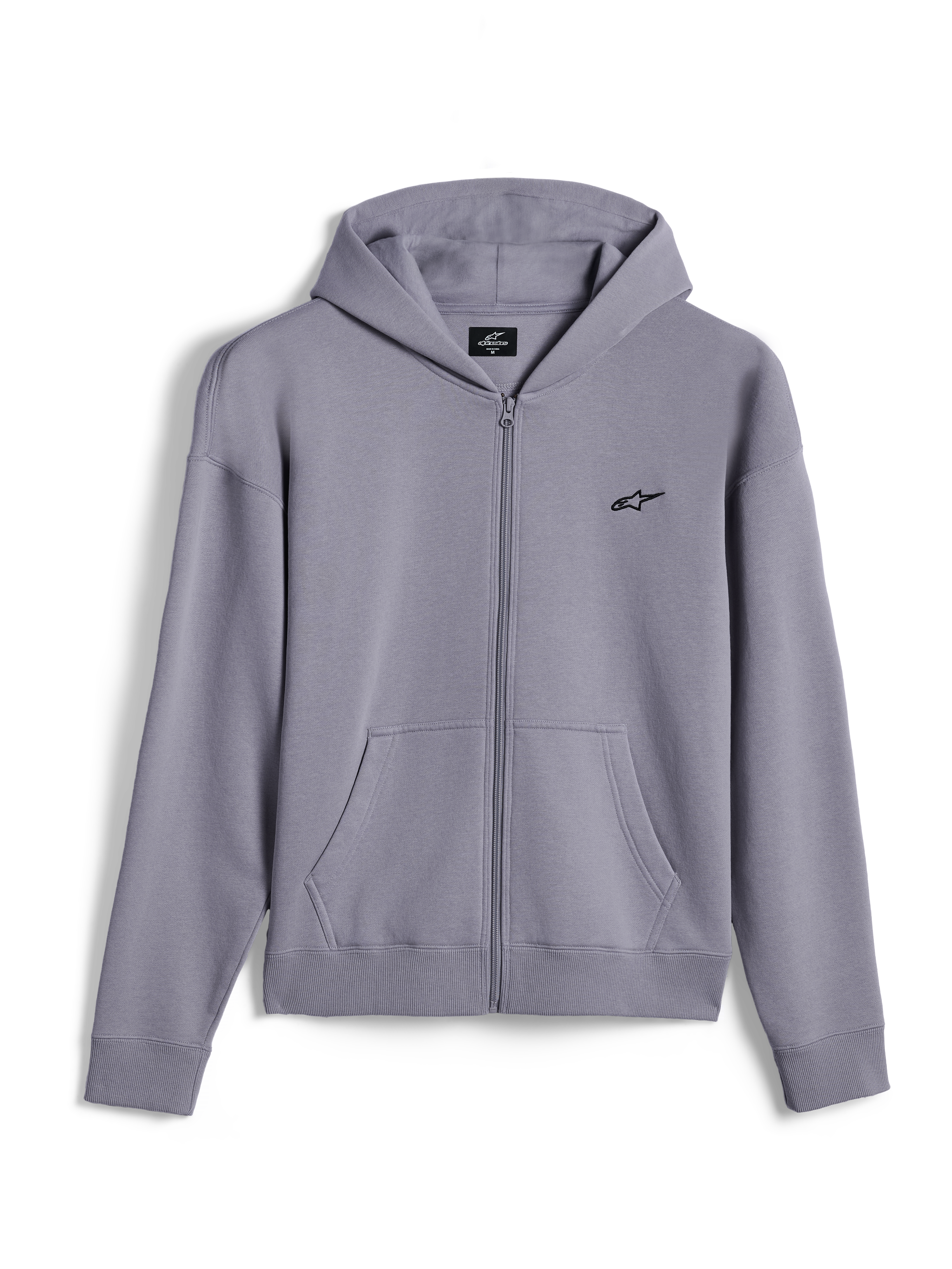 Alpinestars Essentials Ageless Zip Hoodie, afslappet streetwear, sølvfarvet, lille sort Alpinestars-logo på brystet, fuld lynlås foran med kængurulommer, ribbede manchetter og kant, minimalistisk motorsport-inspireret design