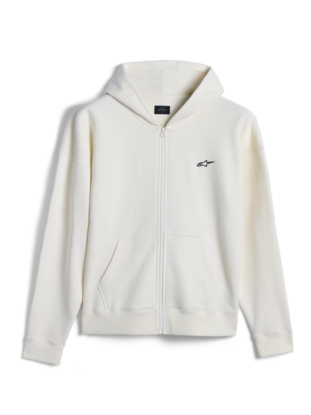 Alpinestars Essentials Ageless Zip Hoodie, casual streetwear, off-white med lille sort Alpinestars-logo, gennemgående lynlås foran, delt kængurulomme, afslappet pasform, eksklusivt kompakt fleece-design