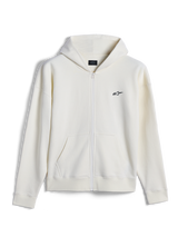 Alpinestars Essentials Ageless Zip Hoodie, casual streetwear, off-white with small black Alpinestars logo, full-zip front, split kangaroo pocket, relaxed fit, premium compact fleece design
