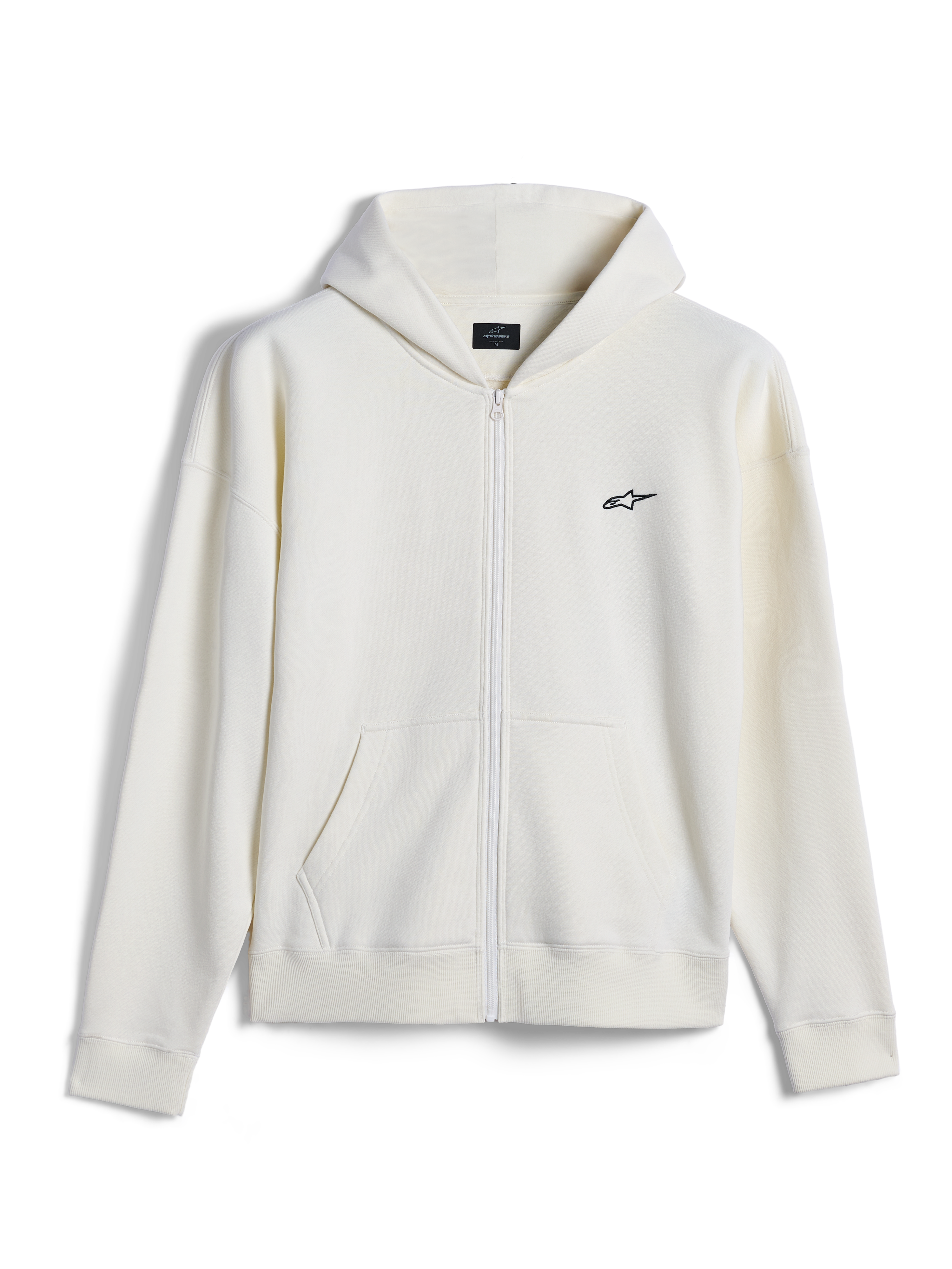 Alpinestars Essentials Ageless Zip Hoodie, casual streetwear, off-white med lille sort Alpinestars-logo, gennemgående lynlås foran, delt kængurulomme, afslappet pasform, eksklusivt kompakt fleece-design