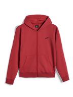 Alpinestars Essentials Ageless Zip hættetrøje, hættetrøje med fuld lynlås, teglrød, lille sort Alpinestars-logo på brystet, afslappet motorsport streetwear, ribstrikkede manchetter og kant