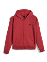Alpinestars Essentials Ageless Zip hættetrøje, hættetrøje med fuld lynlås, teglrød, lille sort Alpinestars-logo på brystet, afslappet motorsport streetwear, ribstrikkede manchetter og kant