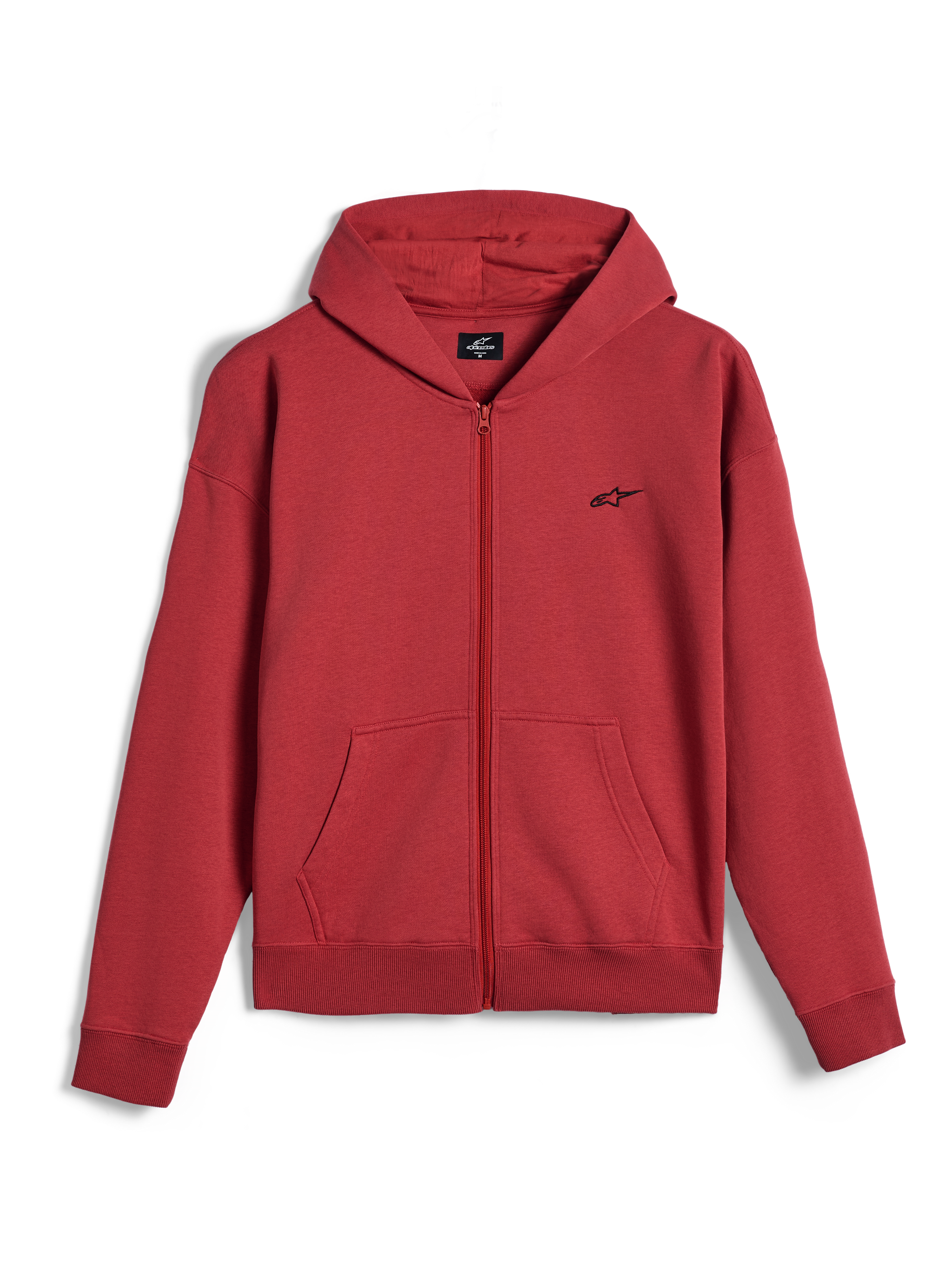 Alpinestars Essentials Ageless Zip hættetrøje, hættetrøje med fuld lynlås, teglrød, lille sort Alpinestars-logo på brystet, afslappet motorsport streetwear, ribstrikkede manchetter og kant