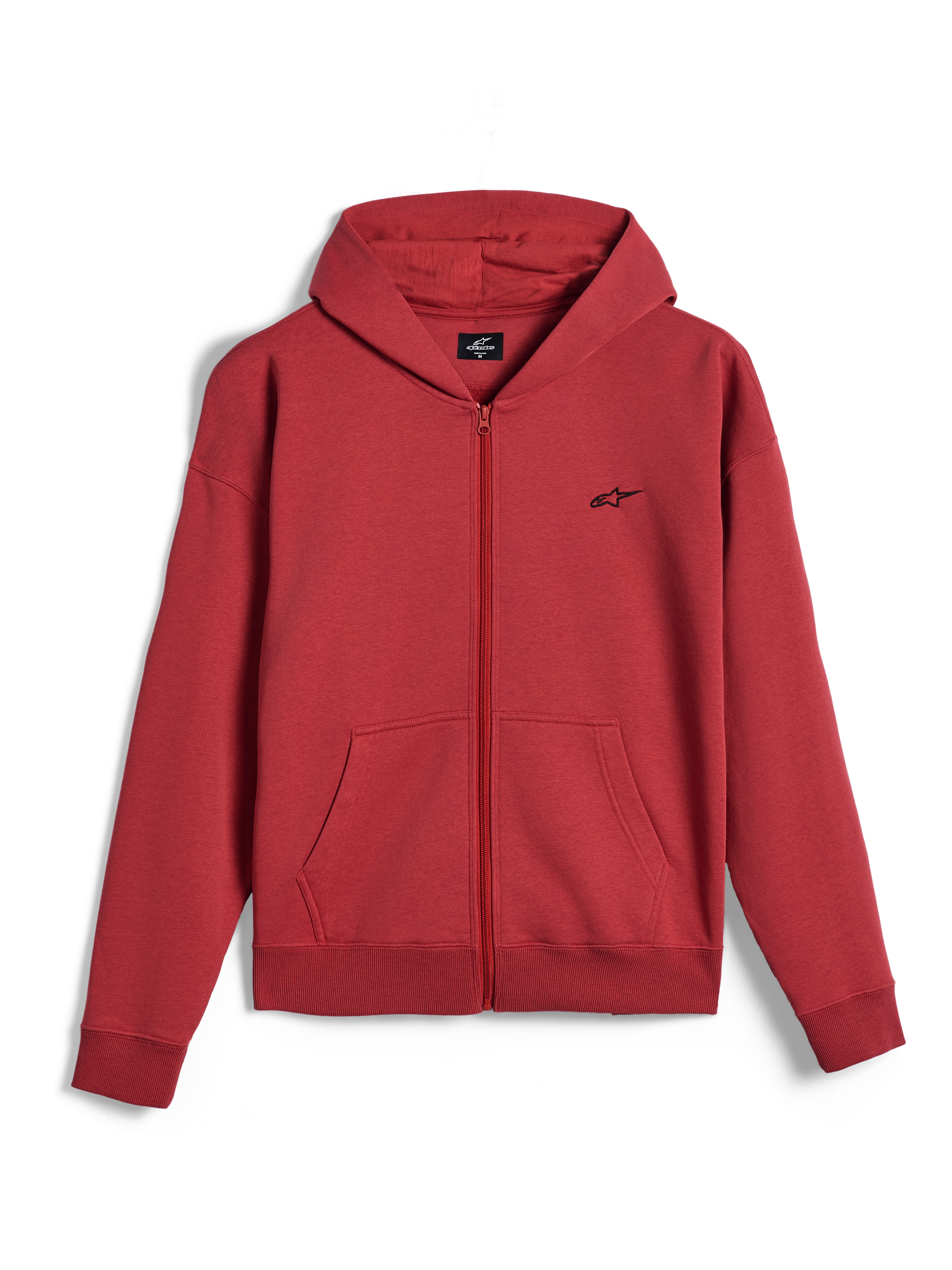 Alpinestars Essentials Ageless Zip hættetrøje, hættetrøje med fuld lynlås, teglrød, lille sort Alpinestars-logo på brystet, afslappet motorsport streetwear, ribstrikkede manchetter og kant