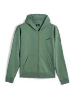 Alpinestars Essentials Ageless Zip Hoodie, afslappet streetwear, kaktusgrøn med lille sort Alpinestars-logo, fuld lynlås foran, hættetrøje med delte kængurulommer, ribbede manchetter og kant, motorsport-inspireret design