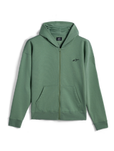 Alpinestars Essentials Ageless Zip Hoodie, afslappet streetwear, kaktusgrøn med lille sort Alpinestars-logo, fuld lynlås foran, hættetrøje med delte kængurulommer, ribbede manchetter og kant, motorsport-inspireret design
