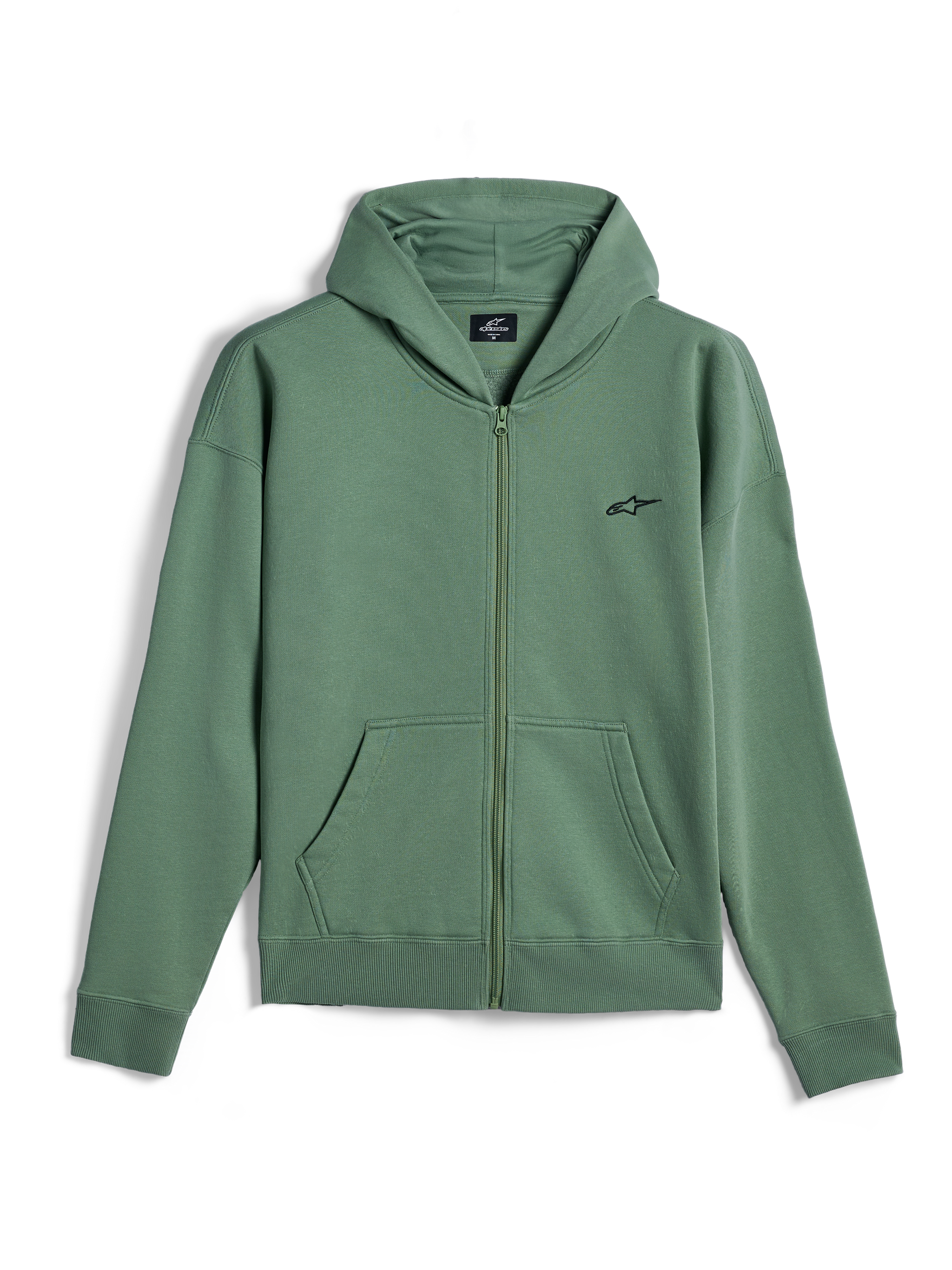 Alpinestars Essentials Ageless Zip Hoodie, afslappet streetwear, kaktusgrøn med lille sort Alpinestars-logo, fuld lynlås foran, hættetrøje med delte kængurulommer, ribbede manchetter og kant, motorsport-inspireret design