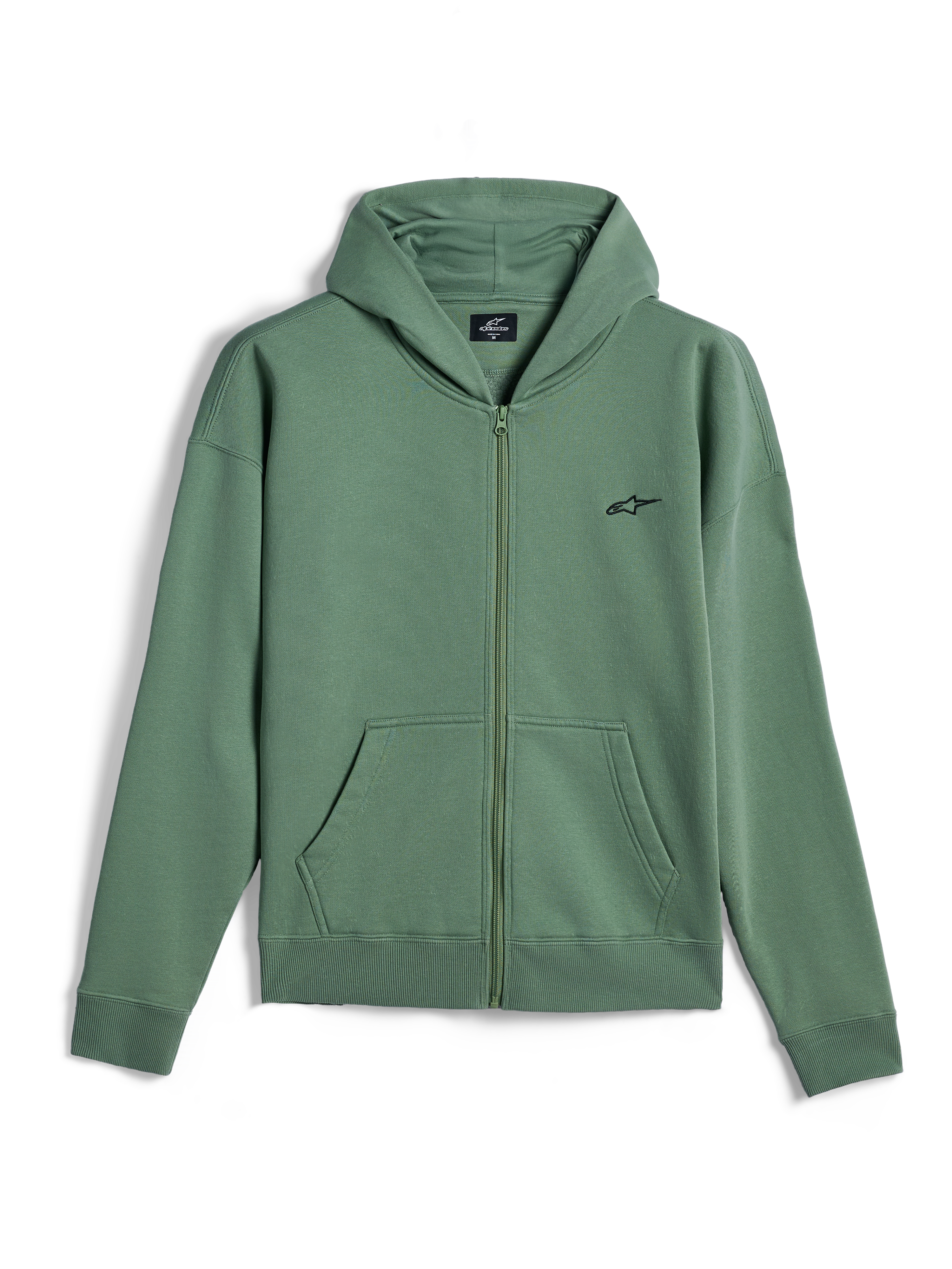 Alpinestars Essentials Ageless Zip Hoodie, afslappet streetwear, kaktusgrøn med lille sort Alpinestars-logo, fuld lynlås foran, hættetrøje med delte kængurulommer, ribbede manchetter og kant, motorsport-inspireret design