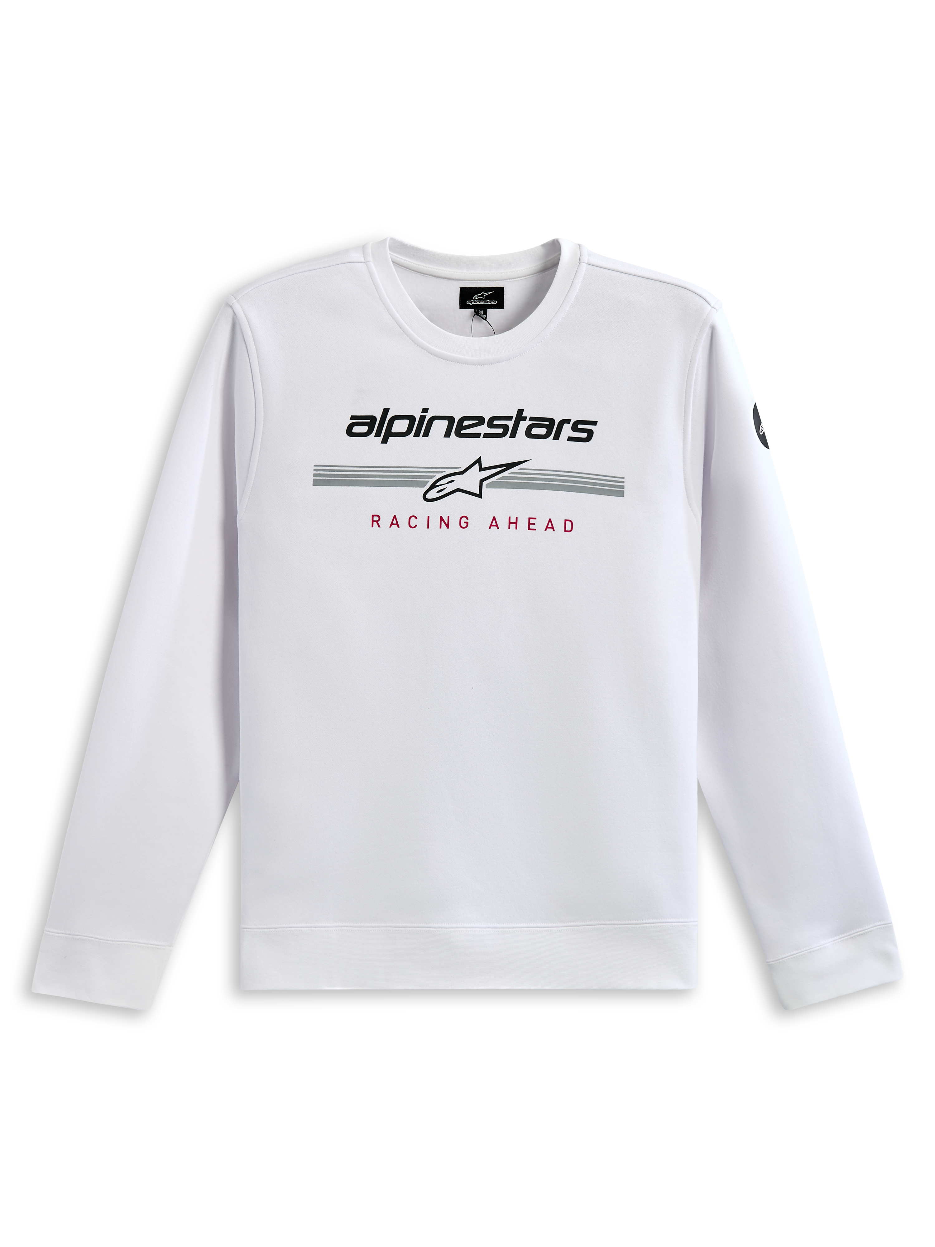 Alpinestars Bettern Crew Sweatshirt, White, featuring black Alpinestars branding, grey racing stripes with a white star logo, and red 'RACING AHEAD' print, casual motorsport-inspired streetwear