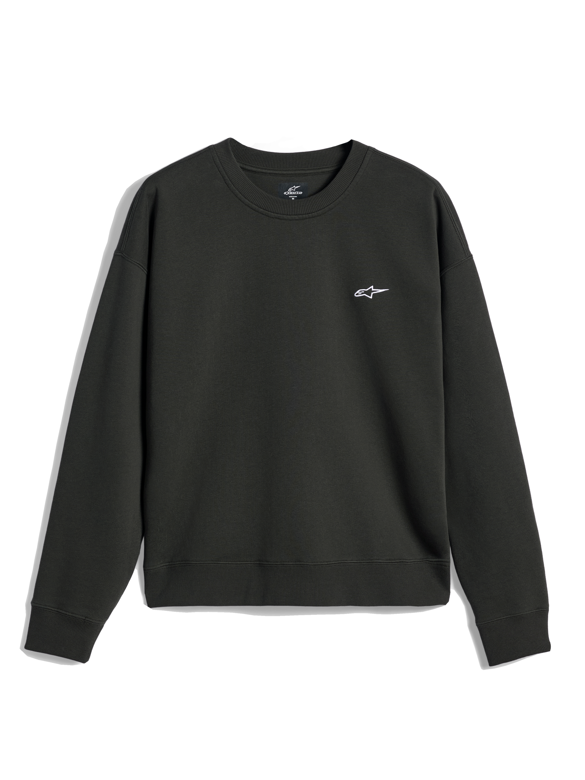 Alpinestars Essentials Ageless Crew, crewneck sweatshirt, Off Black, lille hvidt A-star logo på brystet, ribstrikket krave, manchetter og kant, afslappet premium fleece streetwear