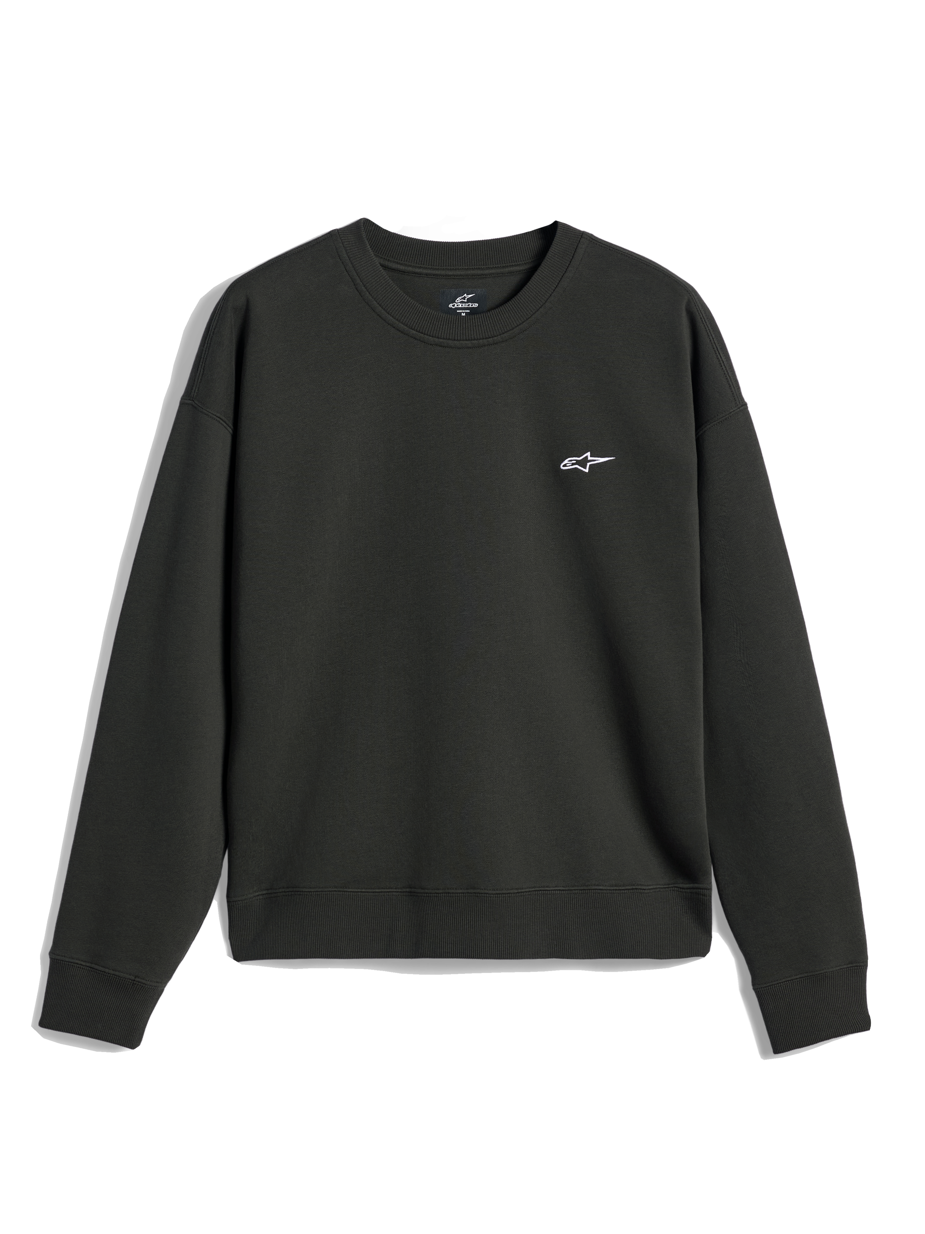 Alpinestars Essentials Ageless Crew, crewneck sweatshirt, Off Black, lille hvidt A-star logo på brystet, ribstrikket krave, manchetter og kant, afslappet premium fleece streetwear