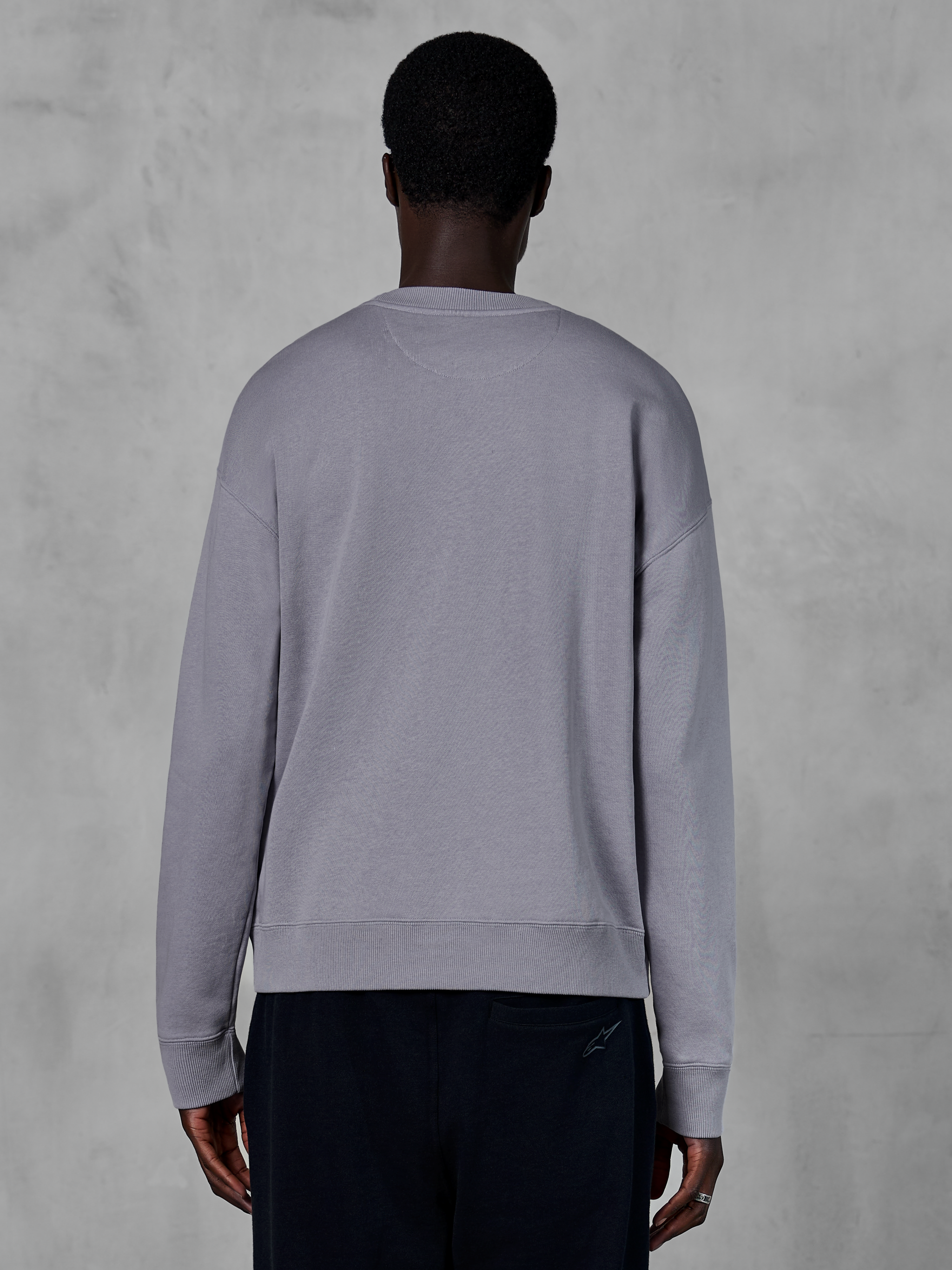 Alpinestars Essentials Ageless Crew, crewneck sweatshirt, sølv, set bagfra, premium kompakt fleece, afslappet pasform med ribkant ved søm og manchetter, afslappet motorsport streetwear