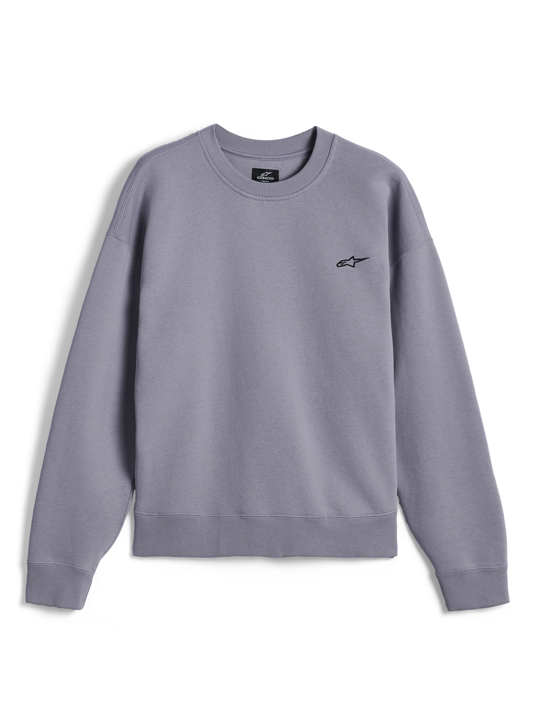 Alpinestars Essentials Ageless Crew, premium crewneck sweatshirt, sølv, med et lille sort Astar-logo på brystet, ribstrikket krave, manchetter og kant, afslappet motorsport-inspireret streetwear