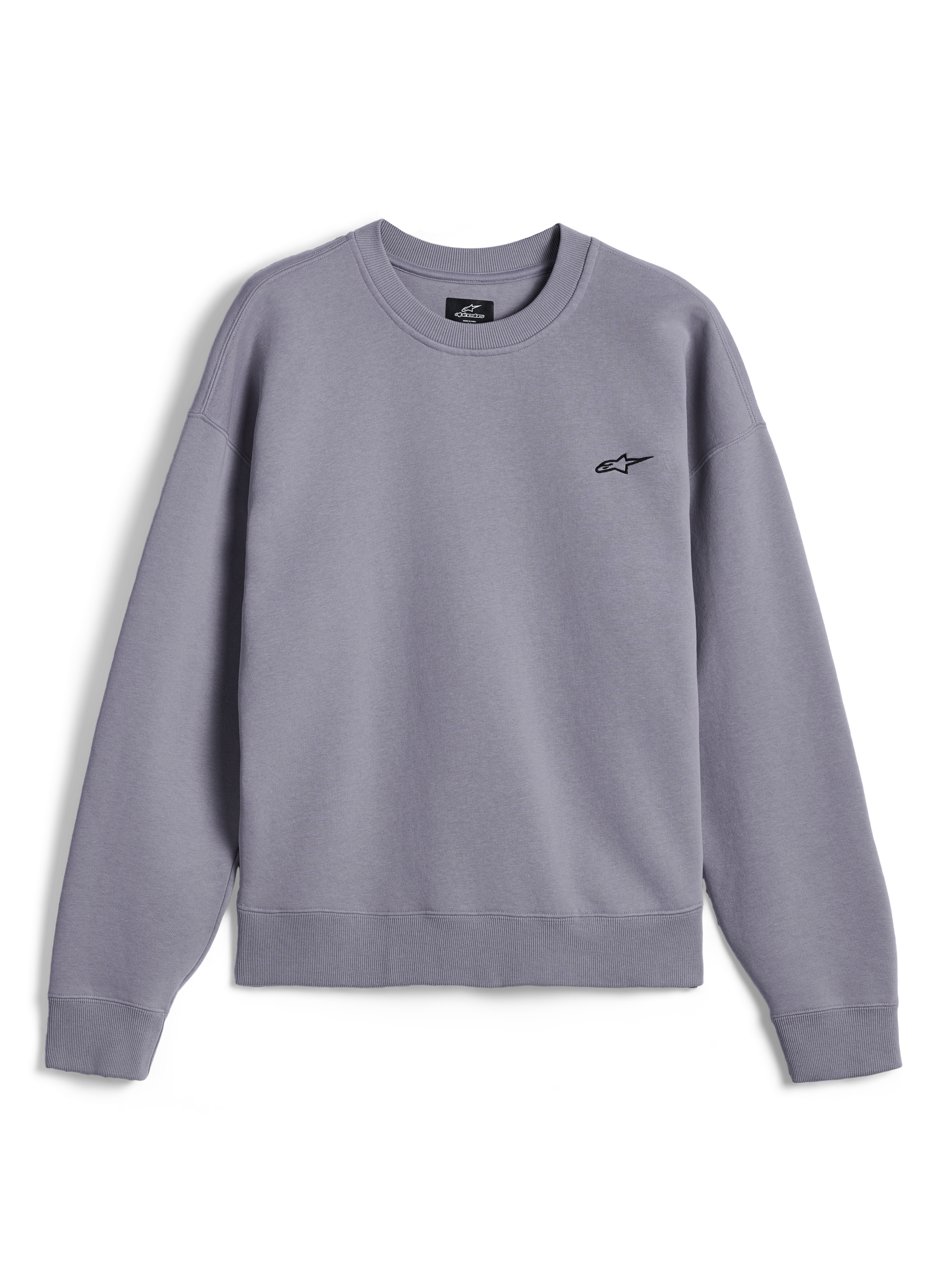 Alpinestars Essentials Ageless Crew, premium crewneck sweatshirt, sølv, med et lille sort Astar-logo på brystet, ribstrikket krave, manchetter og kant, afslappet motorsport-inspireret streetwear