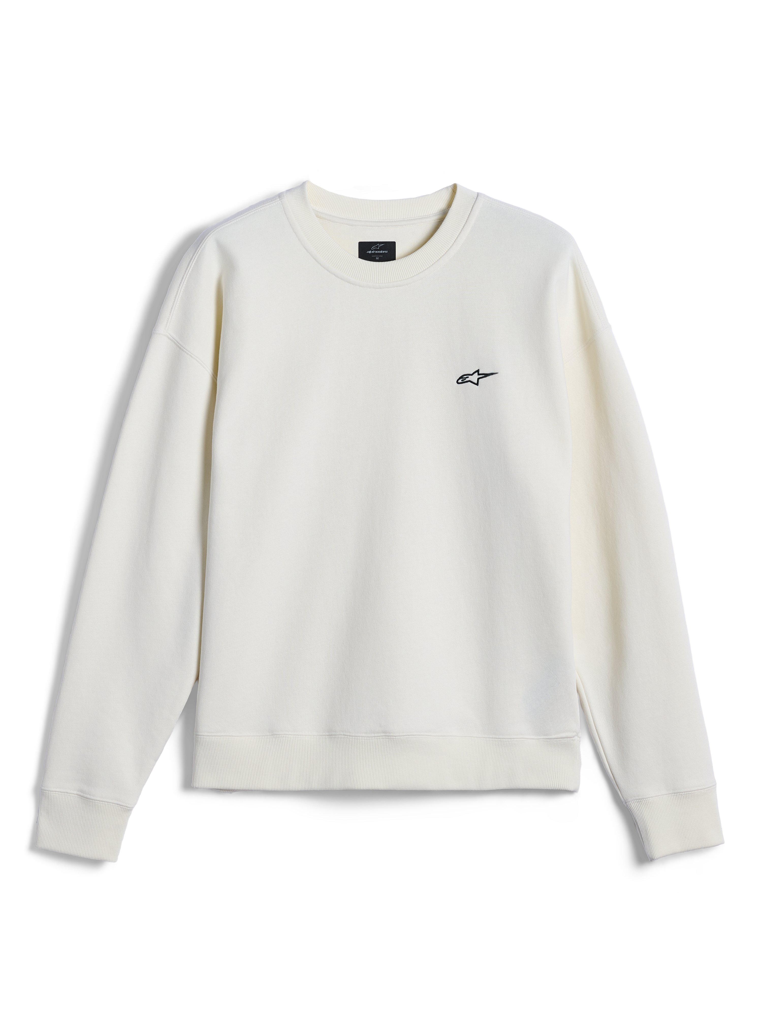 Alpinestars Essentials Ageless Crew, crewneck sweatshirt, off-white, lille sort Alpinestars-logo på brystet, ribstrikket krave, manchetter og kant, afslappet motorsport-inspireret streetwear