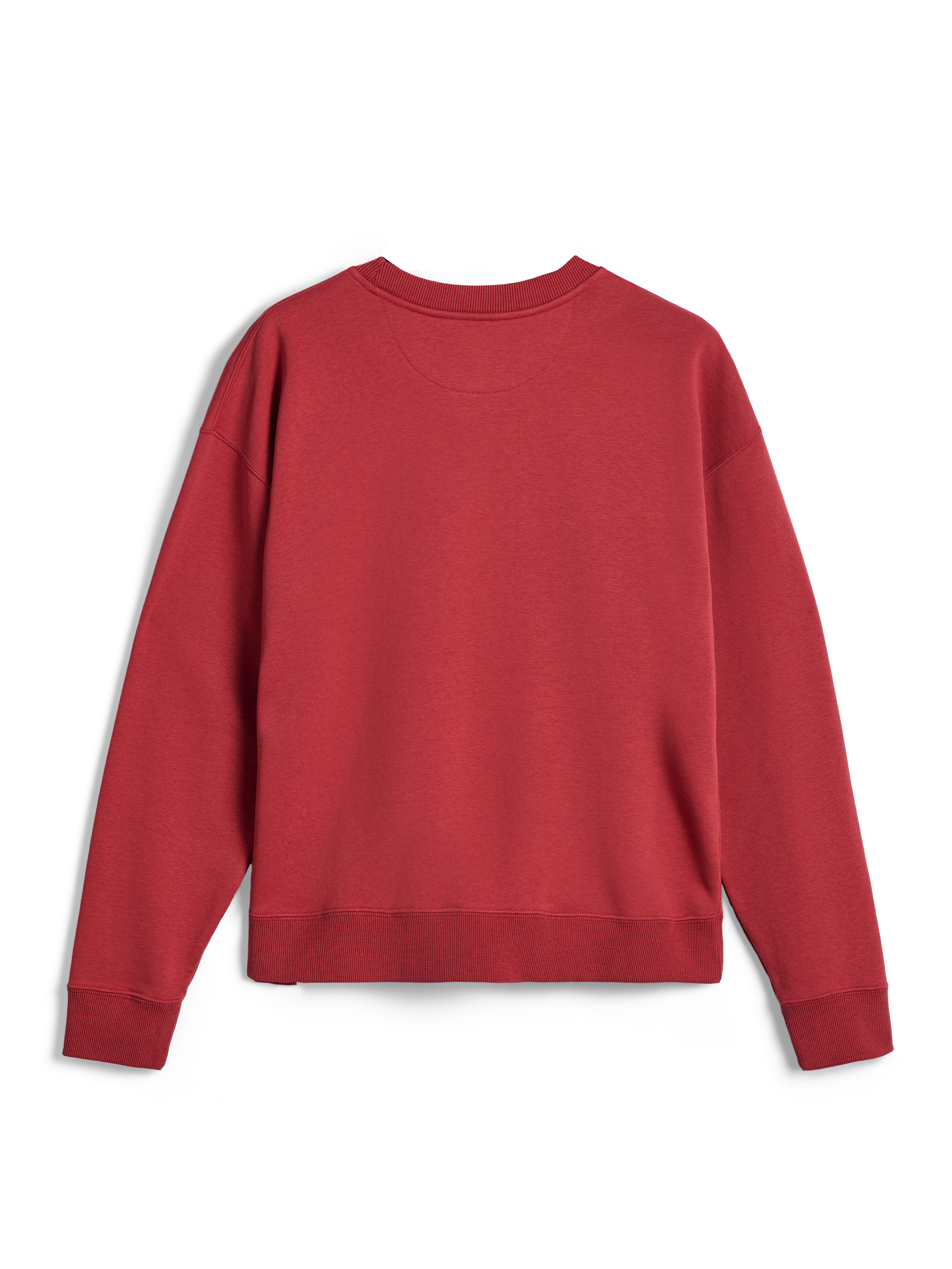 Alpinestars Essentials Ageless Crew, sweatshirt med rund hals, teglrød, set bagfra med ribbede manchetter og kant forneden, premium kompakt fleece til afslappet sportstøjskomfort.